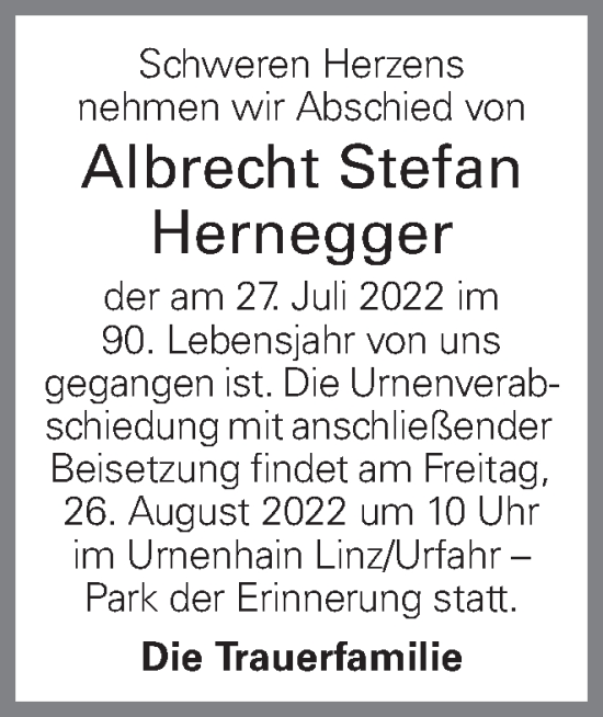 Traueranzeige von Albrecht Stefan Hernegger von OÖNachrichten