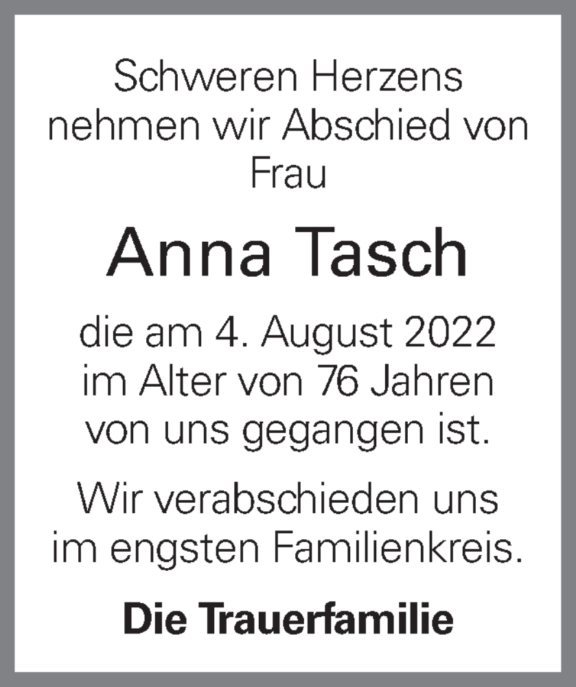  Traueranzeige für Anna Tasch vom 08.08.2022 aus OÖNachrichten