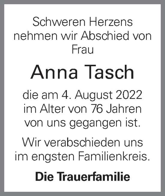 Traueranzeige von Anna Tasch von OÖNachrichten