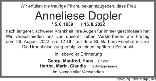 Traueranzeige von Anneliese Dopler von OÖNachrichten