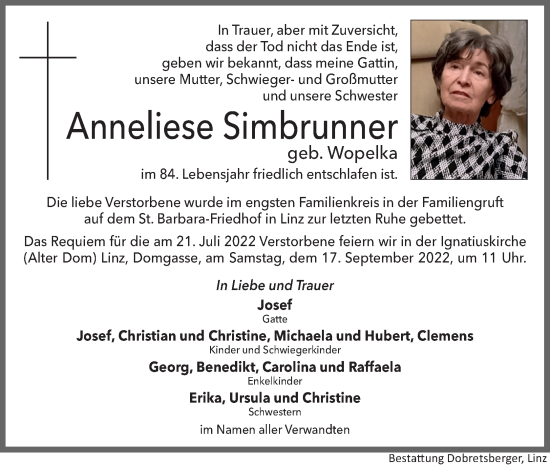 Traueranzeige von Anneliese Simbrunner von OÖNachrichten