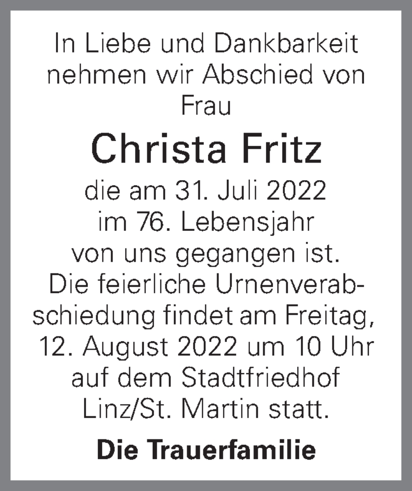  Traueranzeige für Christa Fritz vom 05.08.2022 aus OÖNachrichten