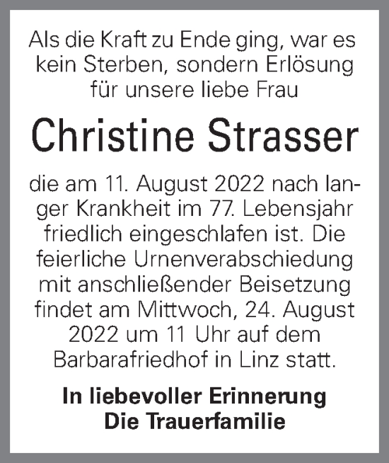 Traueranzeige von Christine Strasser von OÖNachrichten