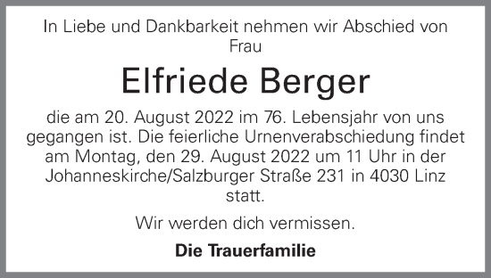 Traueranzeige von Elfriede Berger von OÖNachrichten