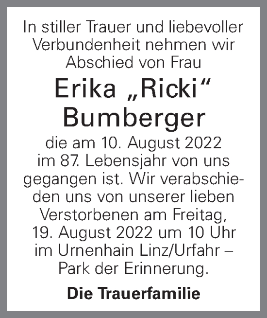 Traueranzeige von Erika Bumberger von OÖNachrichten