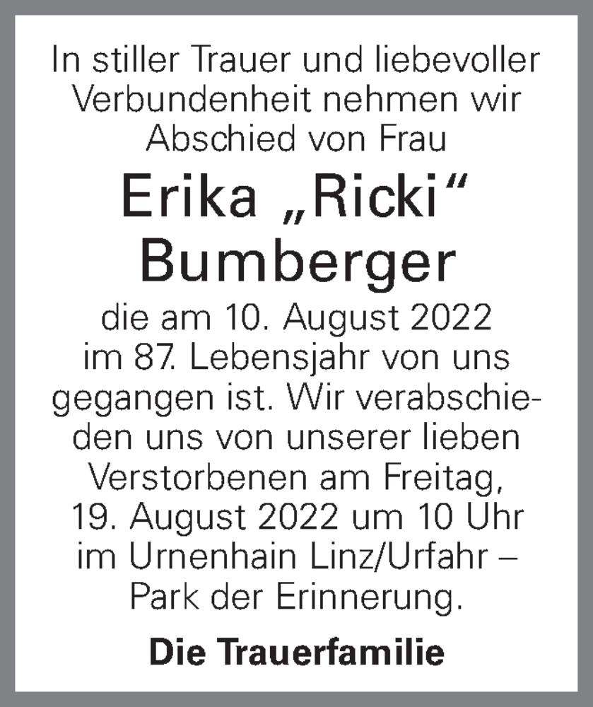  Traueranzeige für Erika Bumberger vom 17.08.2022 aus OÖNachrichten