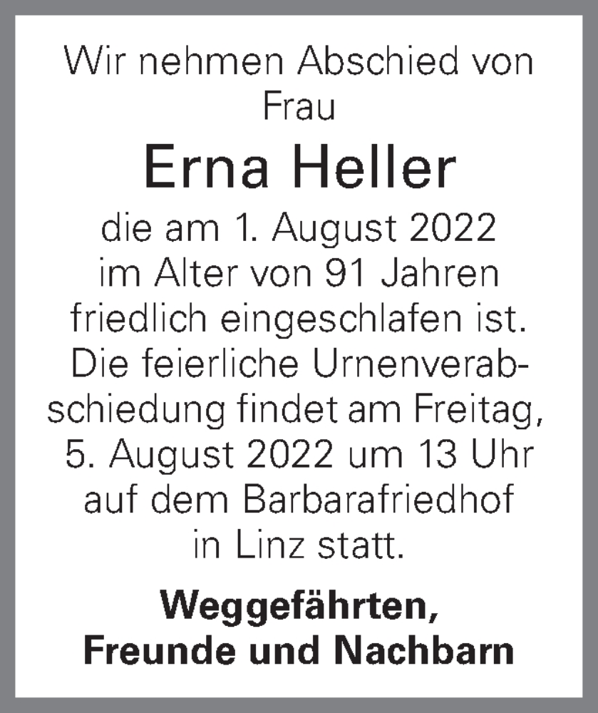  Traueranzeige für Erna Heller vom 04.08.2022 aus OÖNachrichten