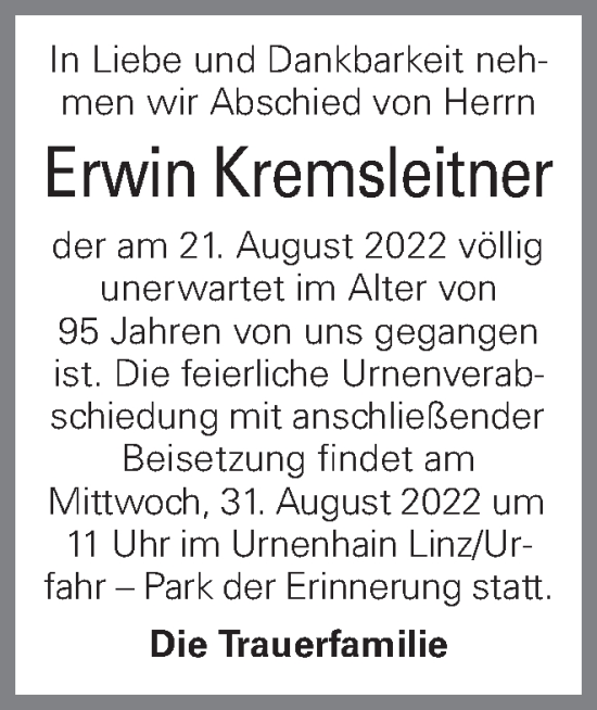 Traueranzeige von Erwin Kremsleitner von OÖNachrichten