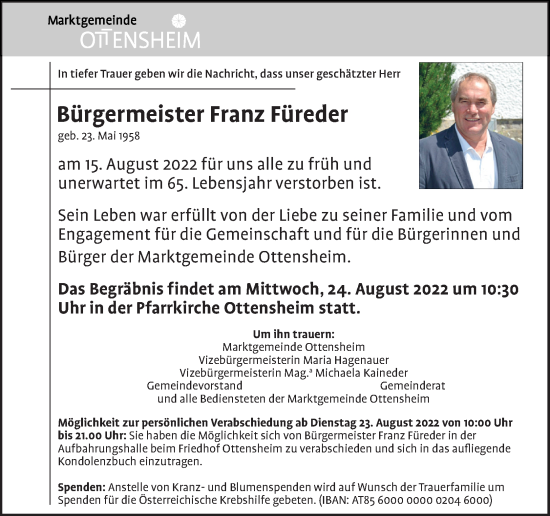 Traueranzeige von Franz Füreder von OÖNachrichten