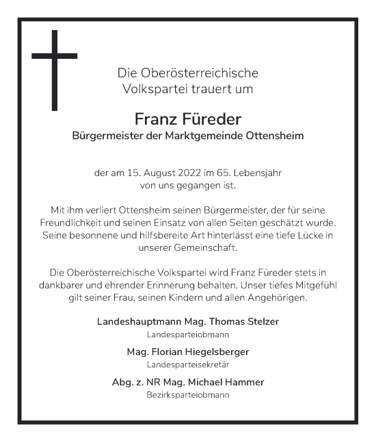 Traueranzeige von Franz Füreder von OÖNachrichten