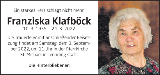 Traueranzeige von Franziska Klafböck von OÖNachrichten