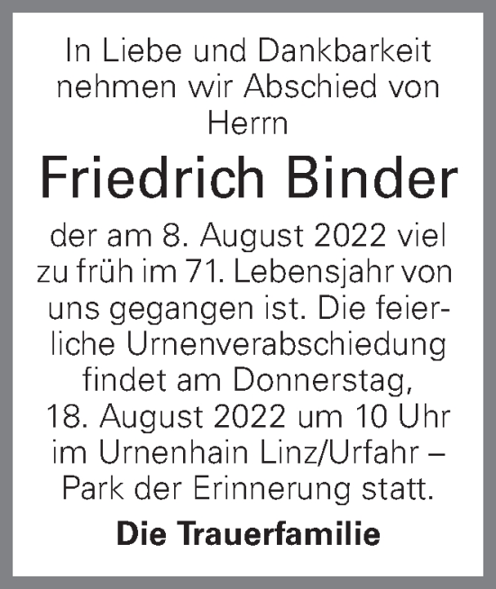 Traueranzeige von Friedrich Binder von OÖNachrichten