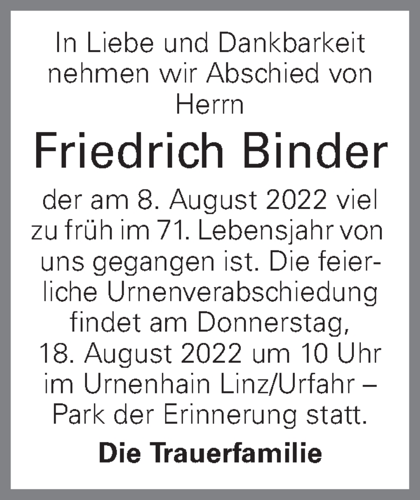  Traueranzeige für Friedrich Binder vom 13.08.2022 aus OÖNachrichten
