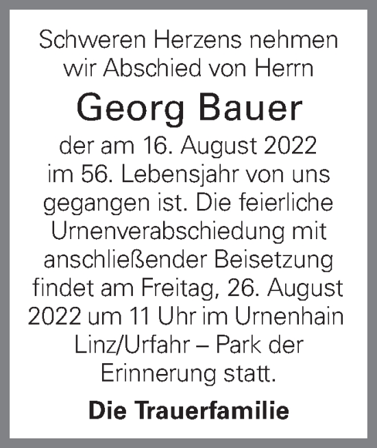 Traueranzeige von Georg Bauer von OÖNachrichten