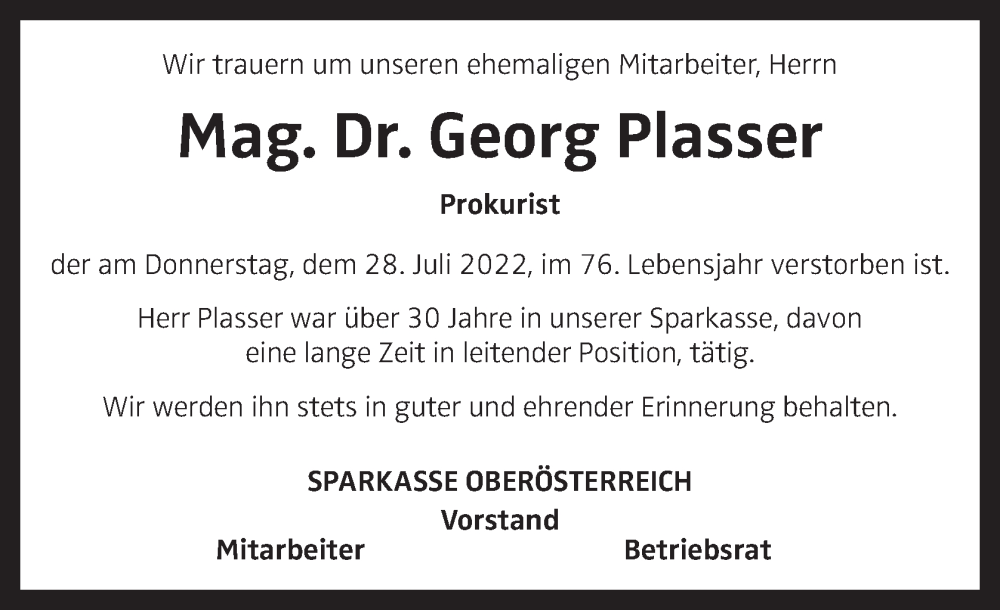 Traueranzeige für Georg Plasser vom 03.08.2022 aus OÖNachrichten