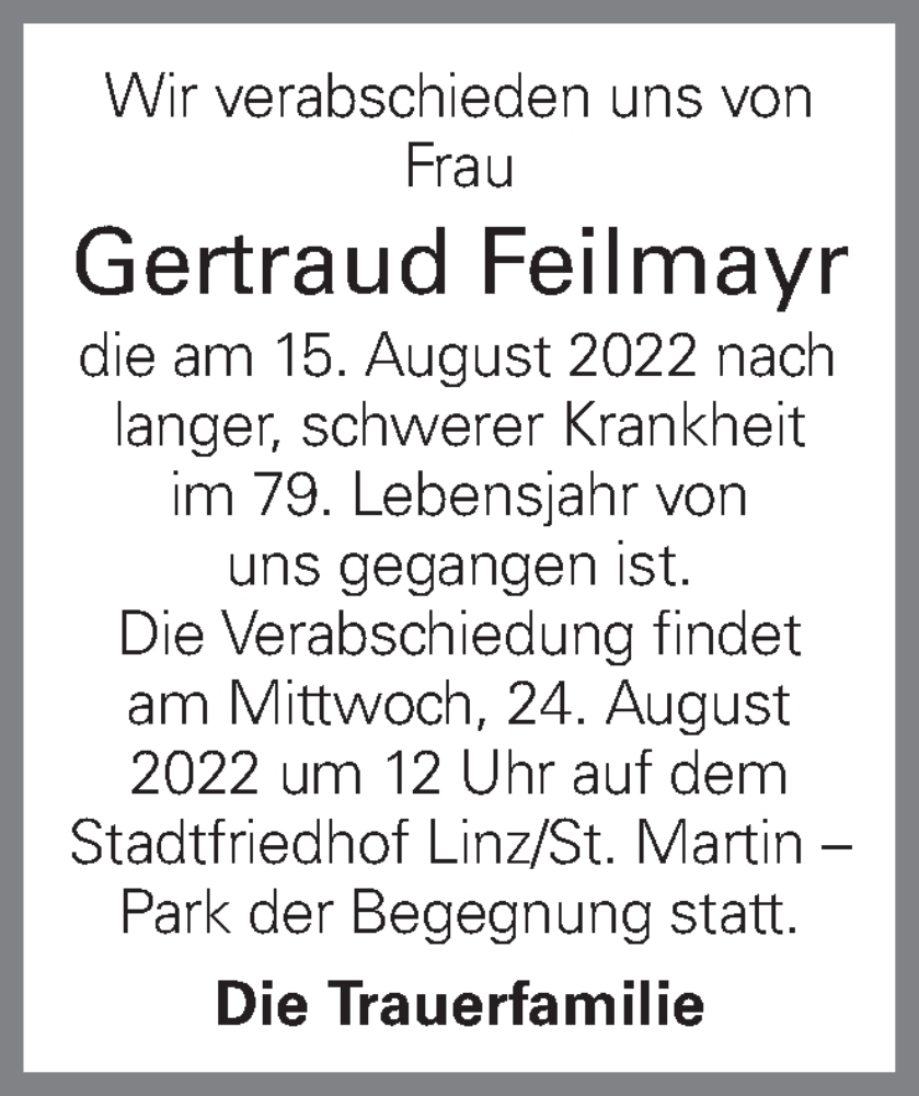  Traueranzeige für Gertraud Feilmayr vom 20.08.2022 aus OÖNachrichten