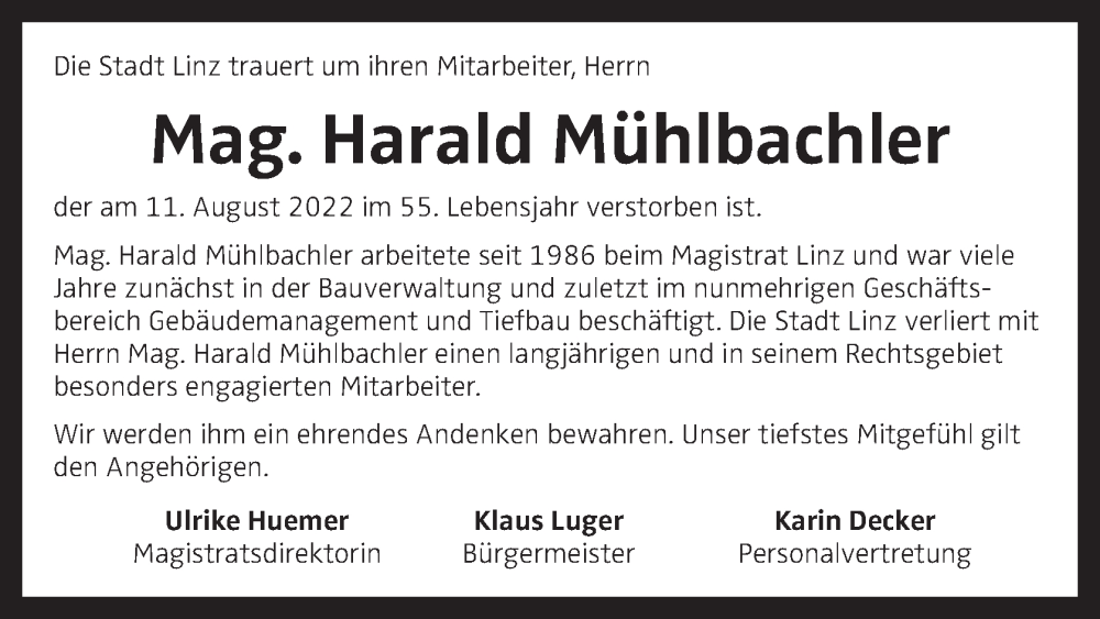  Traueranzeige für Harald Mühlbachler vom 13.08.2022 aus OÖNachrichten