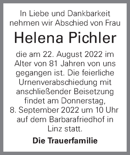 Traueranzeige von Helena Pichler von OÖNachrichten