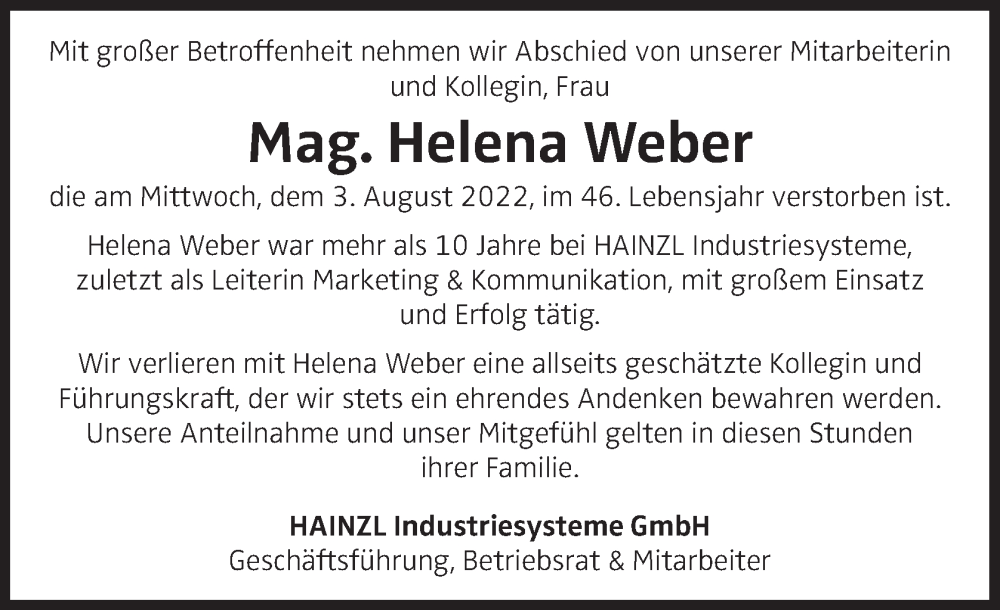  Traueranzeige für Helena Weber vom 10.08.2022 aus OÖNachrichten