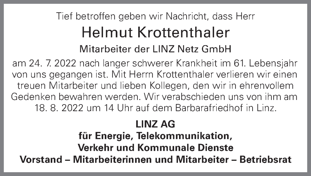  Traueranzeige für Helmut Krottenthaler vom 02.08.2022 aus OÖNachrichten