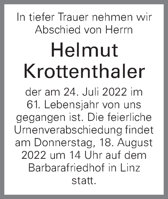 Traueranzeige von Helmut Krottenthaler von OÖNachrichten