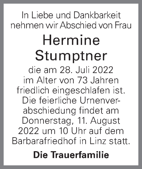 Traueranzeige von Hermine Stumptner von OÖNachrichten