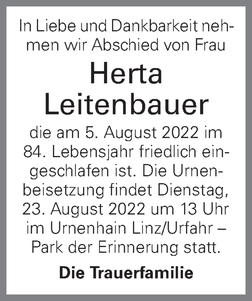  Traueranzeige für Herta Leitenbauer vom 13.08.2022 aus OÖNachrichten