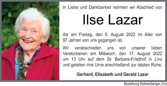 Traueranzeige von Ilse Lazar von OÖNachrichten
