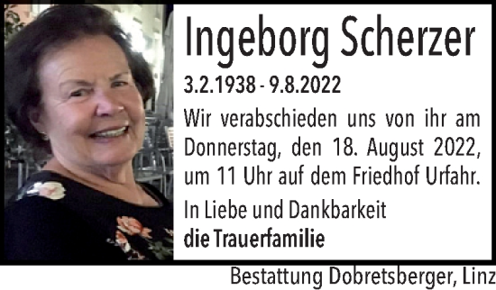 Traueranzeige von Ingeborg Scherzer von OÖNachrichten