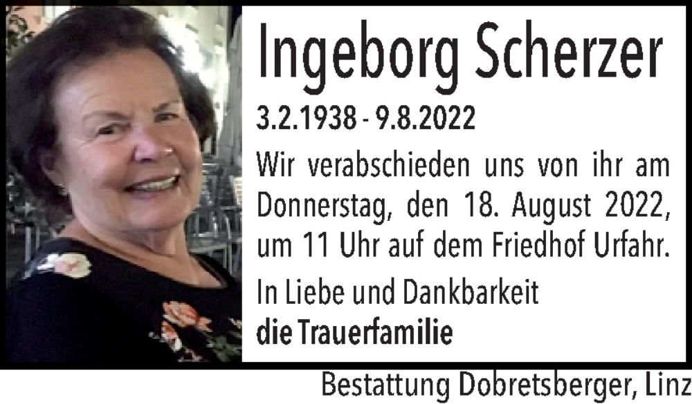  Traueranzeige für Ingeborg Scherzer vom 13.08.2022 aus OÖNachrichten