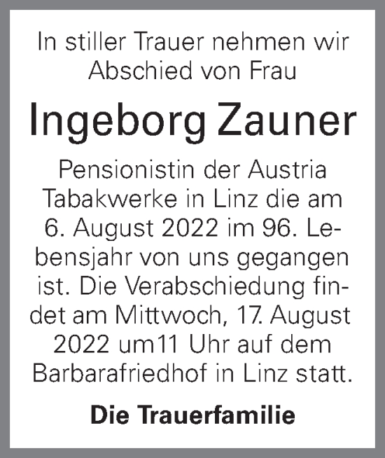 Traueranzeige von Ingeborg Zauner von OÖNachrichten