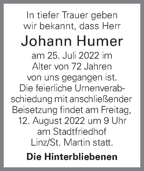 Traueranzeige von Johann Humer von OÖNachrichten