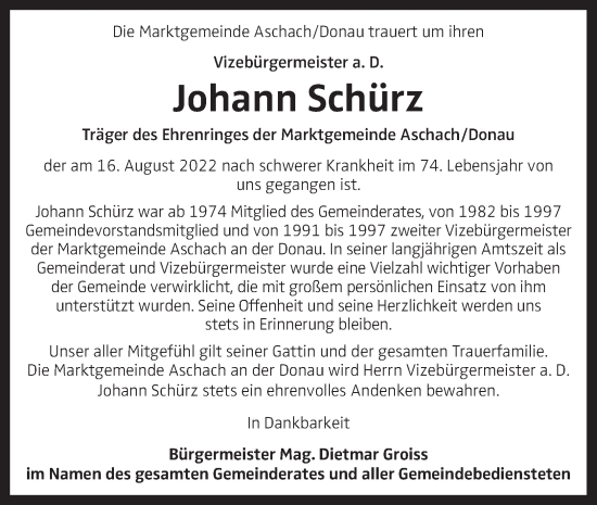 Traueranzeige von Johann Schürz von OÖNachrichten