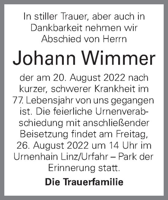 Traueranzeige von Johann Wimmer von OÖNachrichten