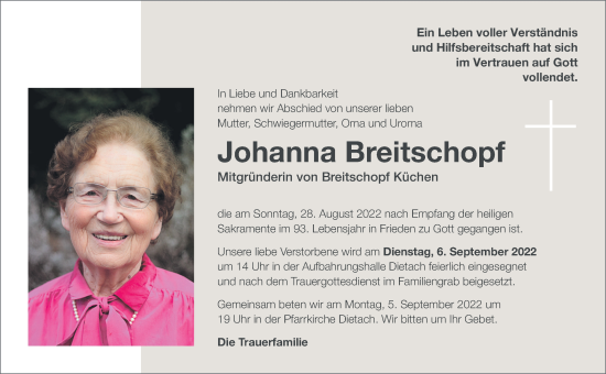 Traueranzeige von Johanna Breitschopf von OÖNachrichten