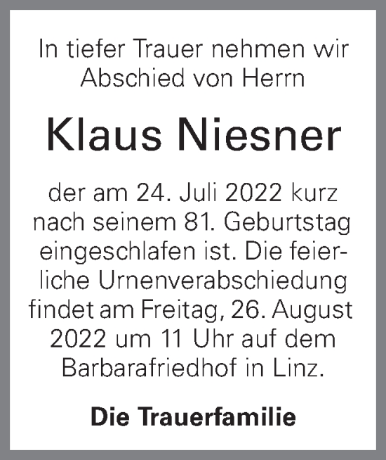Traueranzeige von Klaus Niesner von OÖNachrichten