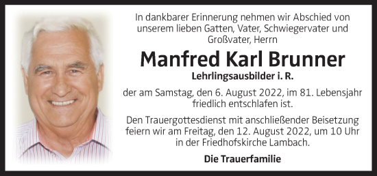 Traueranzeige von Manfred Karl Brunner von OÖNachrichten