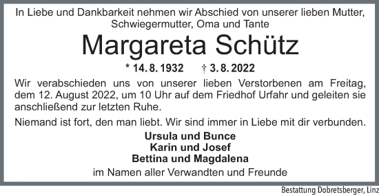 Traueranzeige von Margarete Schütz von OÖNachrichten