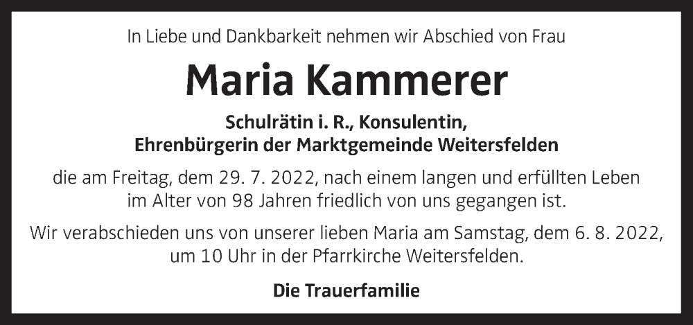 Traueranzeige für Maria Kammerer vom 03.08.2022 aus OÖNachrichten