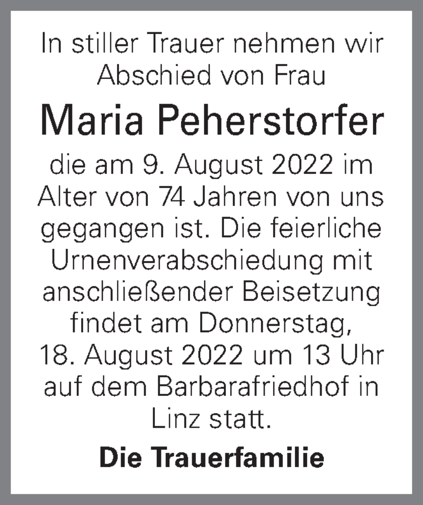  Traueranzeige für Maria Peherstorfer vom 17.08.2022 aus OÖNachrichten
