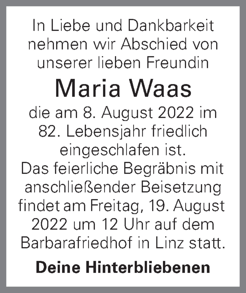  Traueranzeige für Maria Waas vom 12.08.2022 aus OÖNachrichten