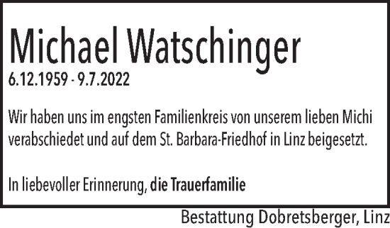Traueranzeige von Michael Watschinger von OÖNachrichten