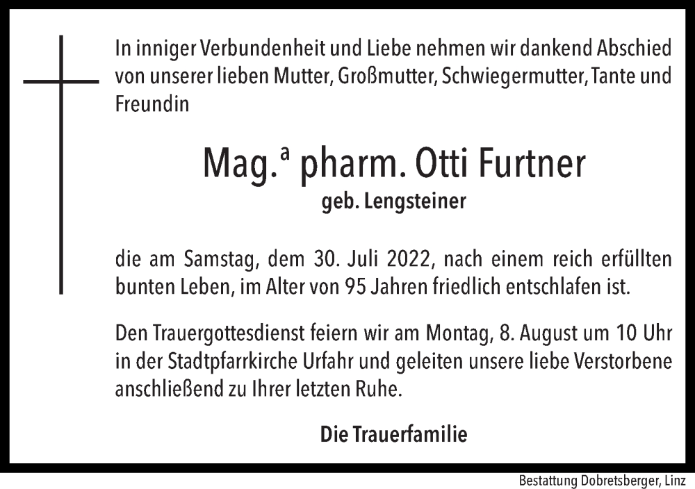  Traueranzeige für Otti Furtner vom 04.08.2022 aus OÖNachrichten