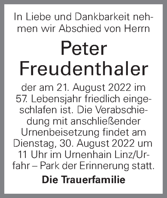 Traueranzeige von Peter Freudenthaler von OÖNachrichten