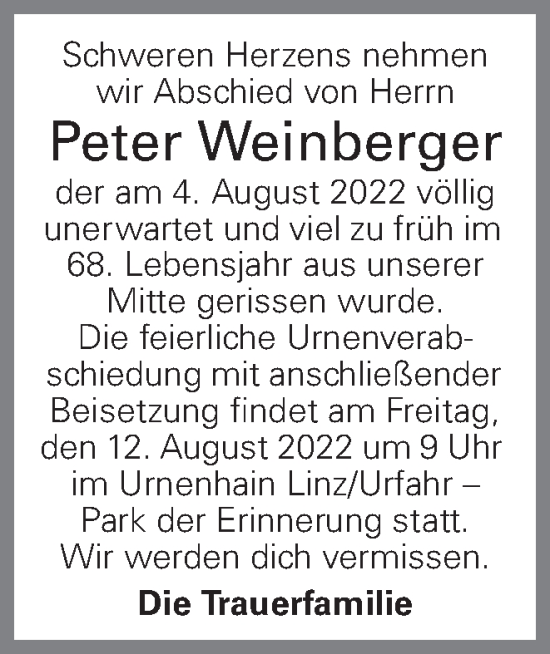 Traueranzeige von Peter Weinberger von OÖNachrichten