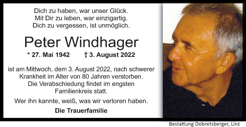  Traueranzeige für Peter Windhager vom 17.08.2022 aus OÖNachrichten