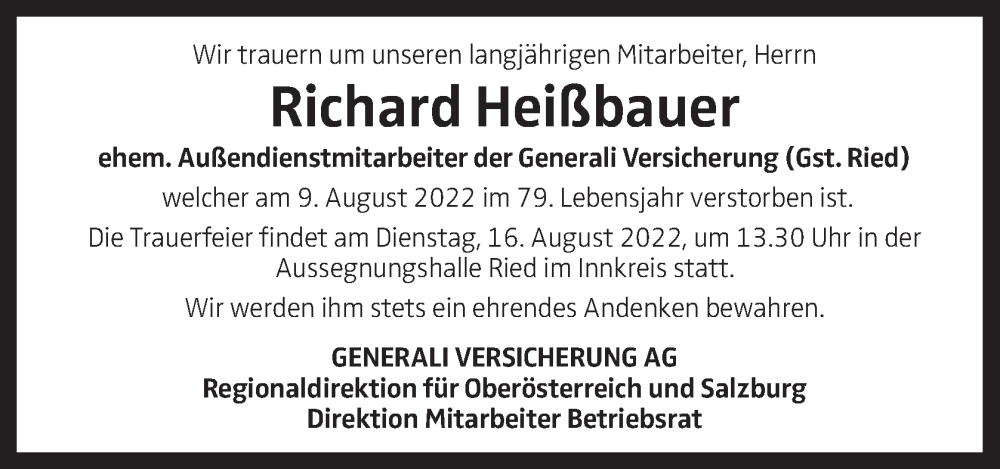  Traueranzeige für Richard Heißbauer vom 13.08.2022 aus OÖNachrichten