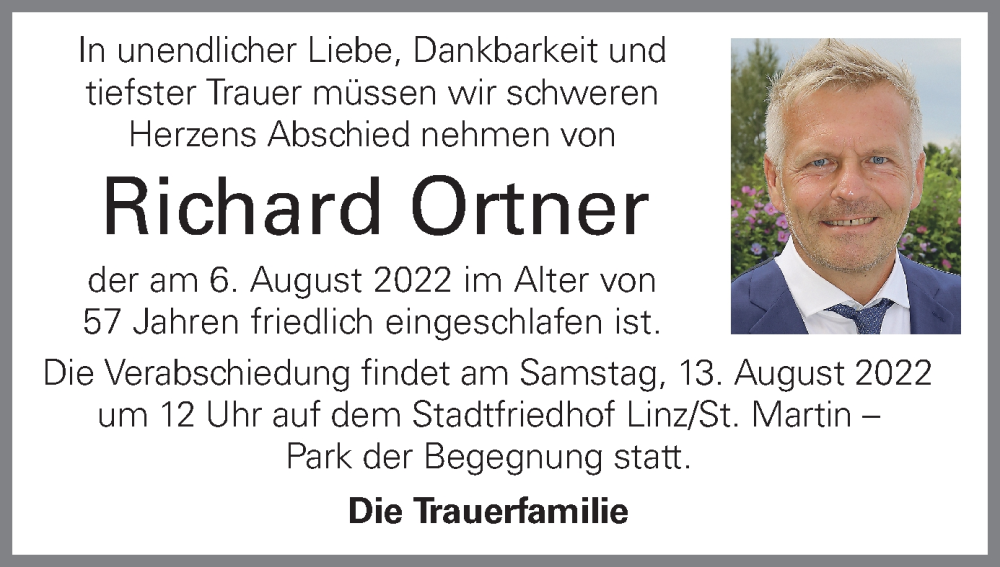  Traueranzeige für Richard Ortner vom 10.08.2022 aus OÖNachrichten
