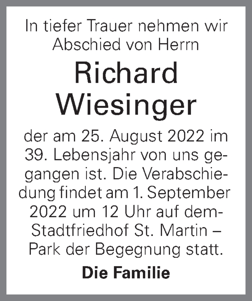  Traueranzeige für Richard Wiesinger vom 31.08.2022 aus OÖNachrichten