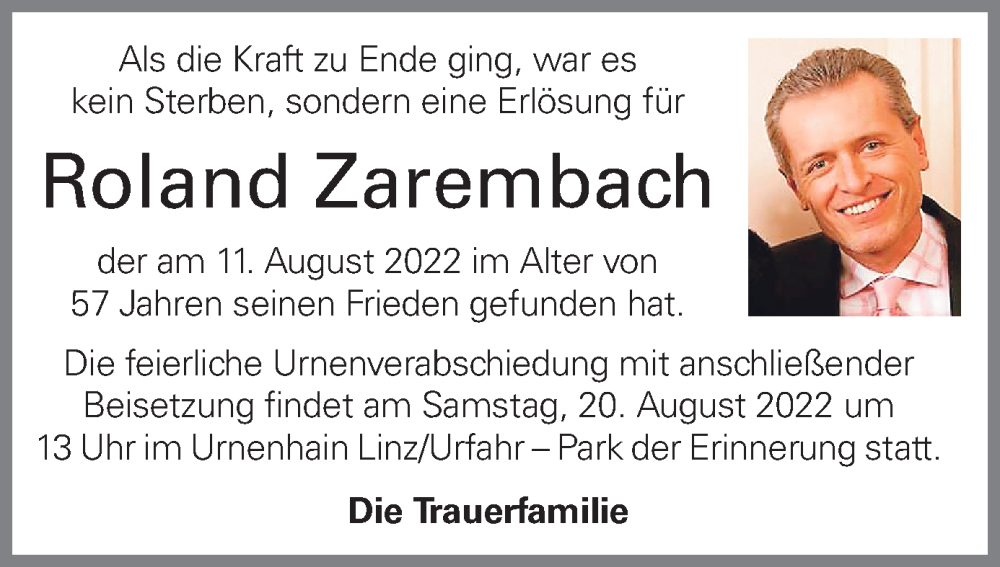  Traueranzeige für Roland Zarembach vom 17.08.2022 aus OÖNachrichten